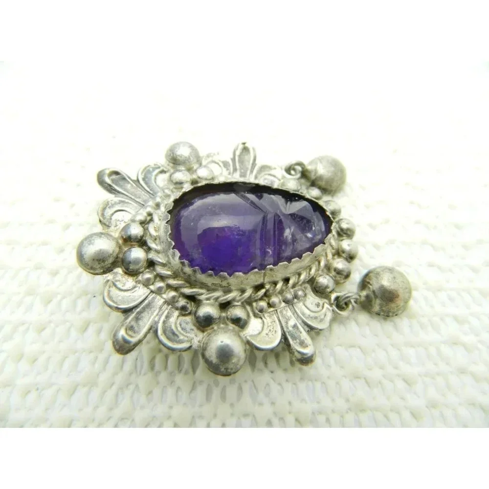 VTG MEXICAN STERLING Glass Purple Amethyst Carved Mask Dangle Pin Brooch